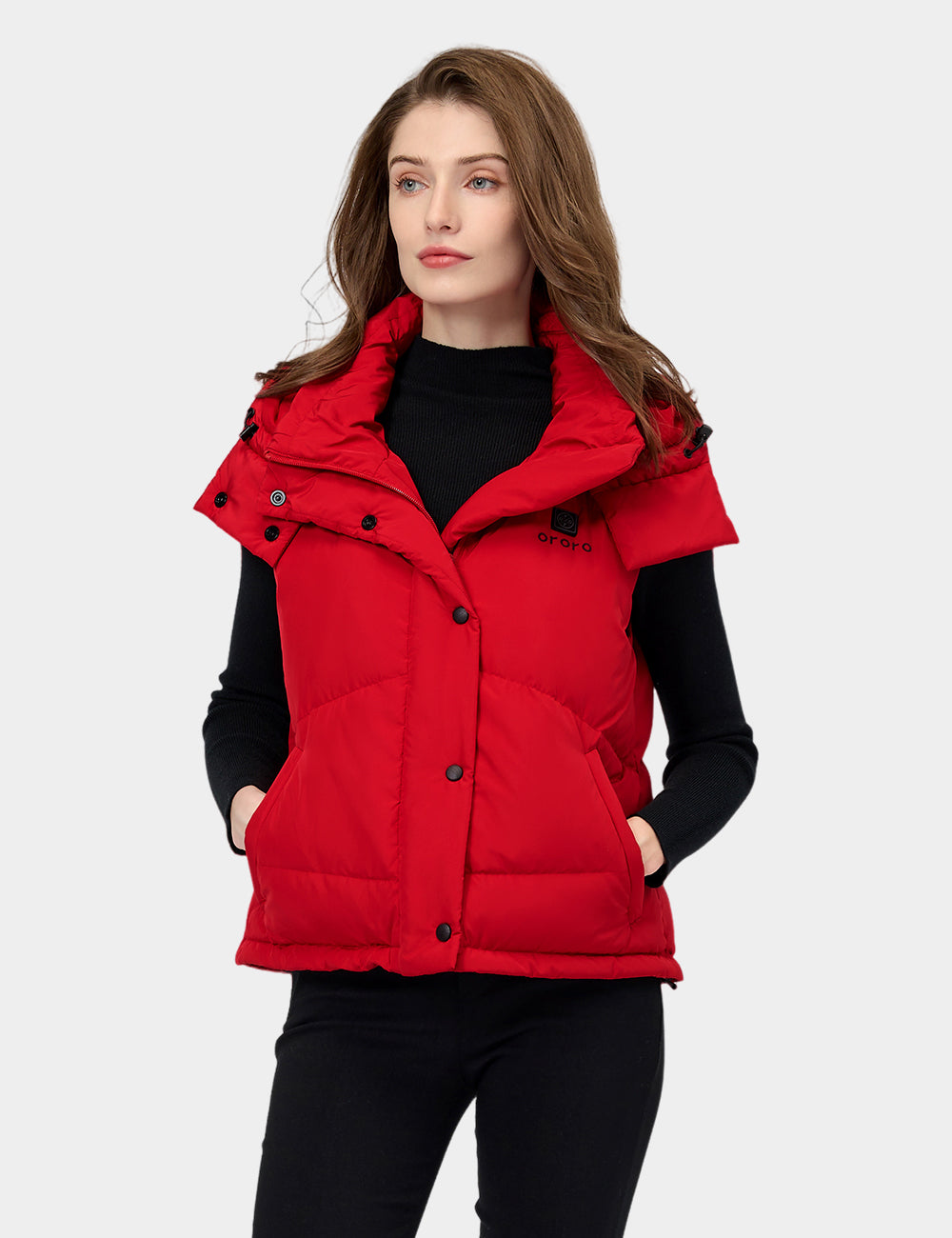 (Open-Box) Women's Heated Cropped Puffer Down Vest - Black / Red, Thumbnail 12