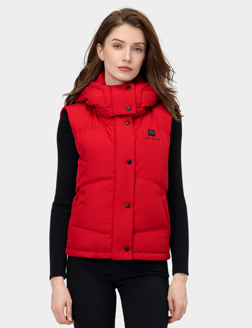 (Open-Box) Women's Heated Cropped Puffer Down Vest - Black / Red, Thumbnail 14