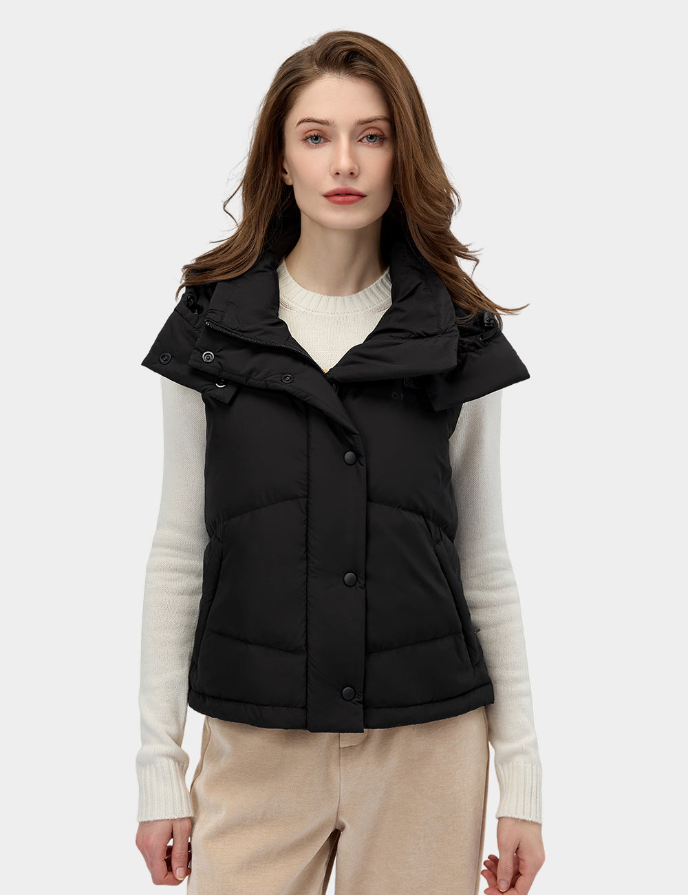 (Open-Box) Women's Heated Cropped Puffer Down Vest - Black / Red, Thumbnail 3