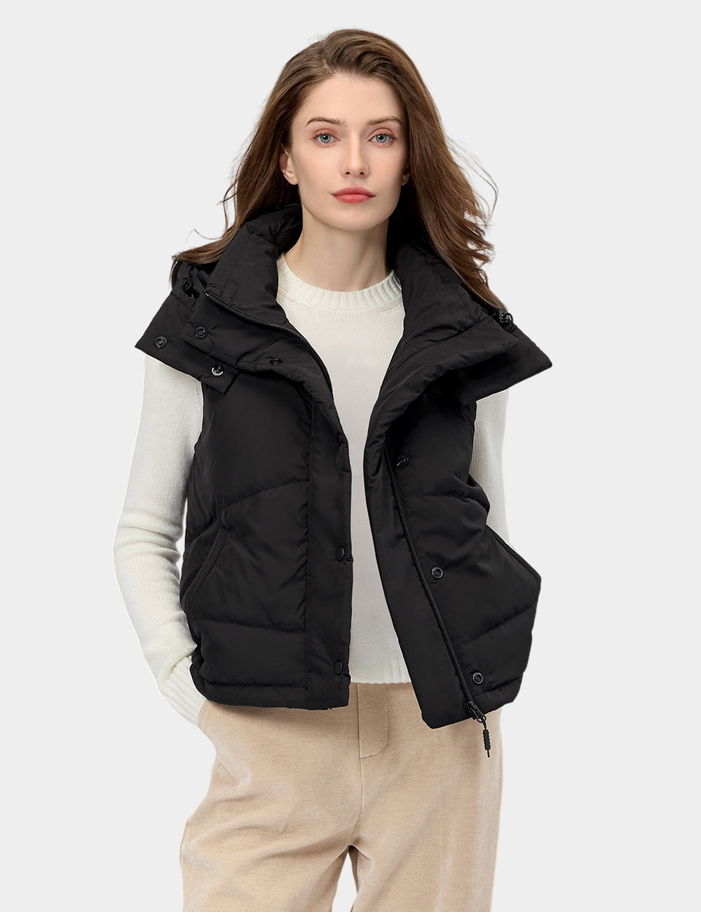 (Open-Box) Women's Heated Cropped Puffer Down Vest - Black / Red, Thumbnail 4