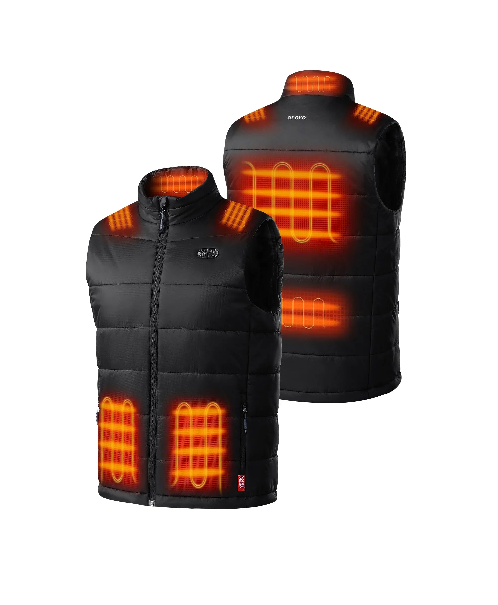 7 Heating zones: Left & Right Pockets, Left & Right Shoulder, Mid-back, Lower back, Collar